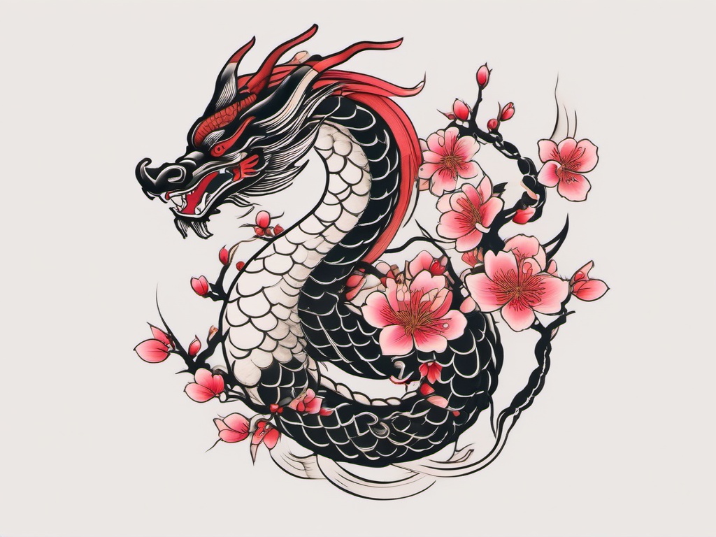 Dragon Sakura Tattoo - Traditional Japanese dragon and sakura tattoo.  simple color tattoo,white background,minimal