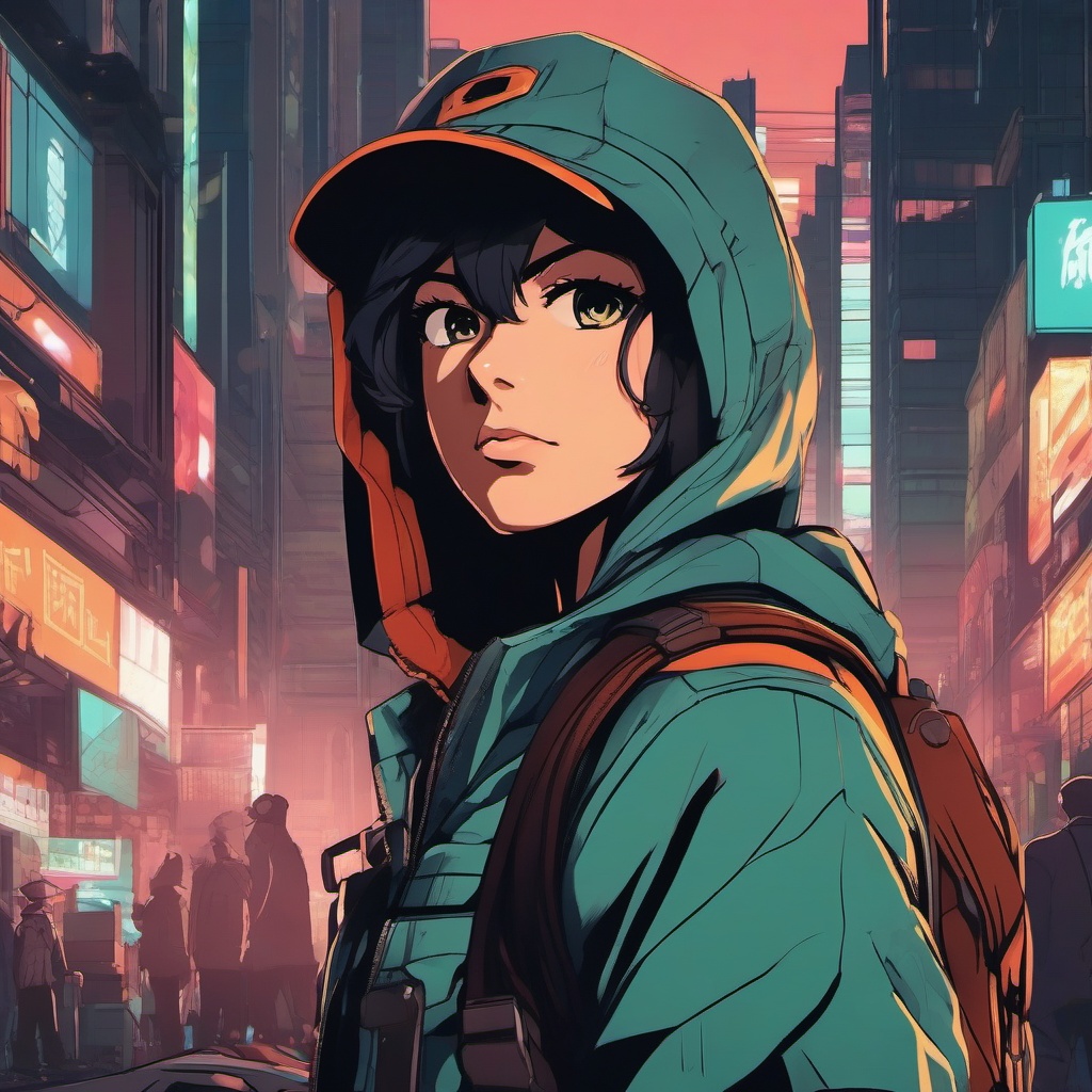 Vigilante hero character, navigating a bustling urban jungle, protecting the city from evildoers.  front facing ,centered portrait shot, cute anime color style, pfp, full face visible