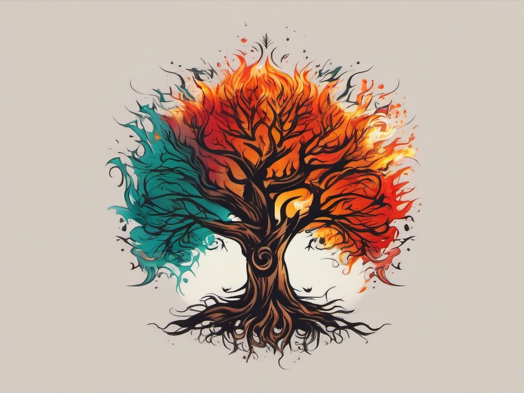 burning tree tattoo  simple vector color tattoo