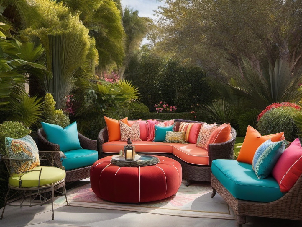 Hollywood Regency patio showcases plush seating, decorative accents, and vibrant colors, creating an upscale yet inviting outdoor space for guests.  