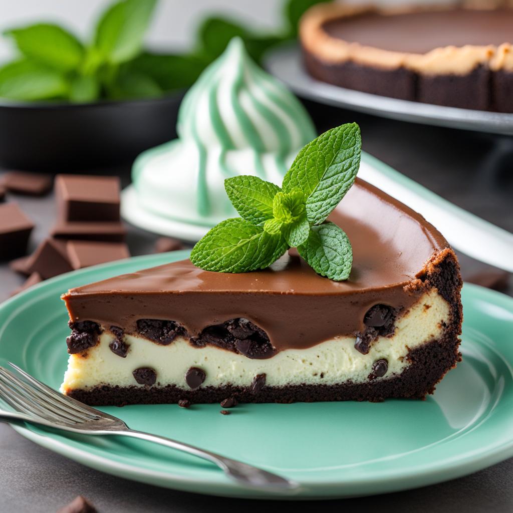 a slice of decadent mint chocolate chip cheesecake, with chocolate chunks and a minty twist. 