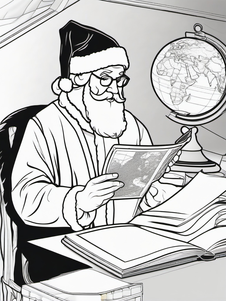 Santa Reading a Map Coloring Pages - Navigating His Journey Around the World  minimal black outline printable sheet, coloring page