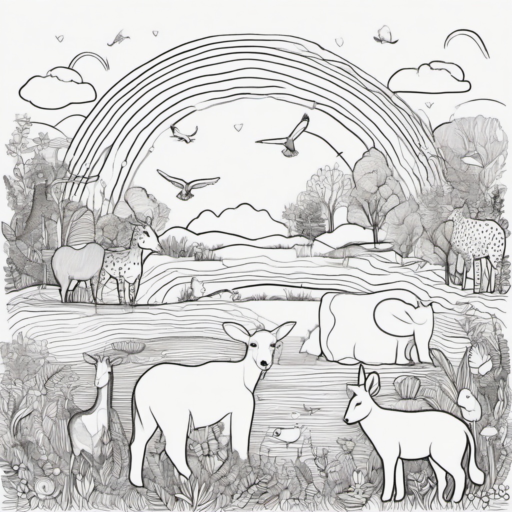 drawing of a rainbow with animals  minimal rough sketch scribbles,doodles,black and white