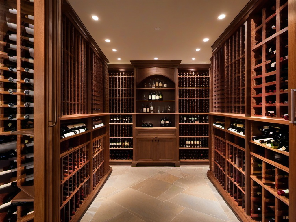 In the wine cellar, Hampton interior design features natural wood racks, bright lighting, and a coastal theme that creates a unique space for wine enthusiasts to enjoy.  