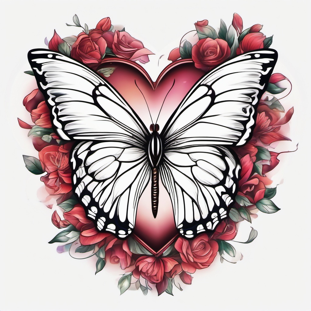 Butterfly and heart tattoo, Butterfly landing on a heart, signifying transformation and love. , tattoo color art, clean white background