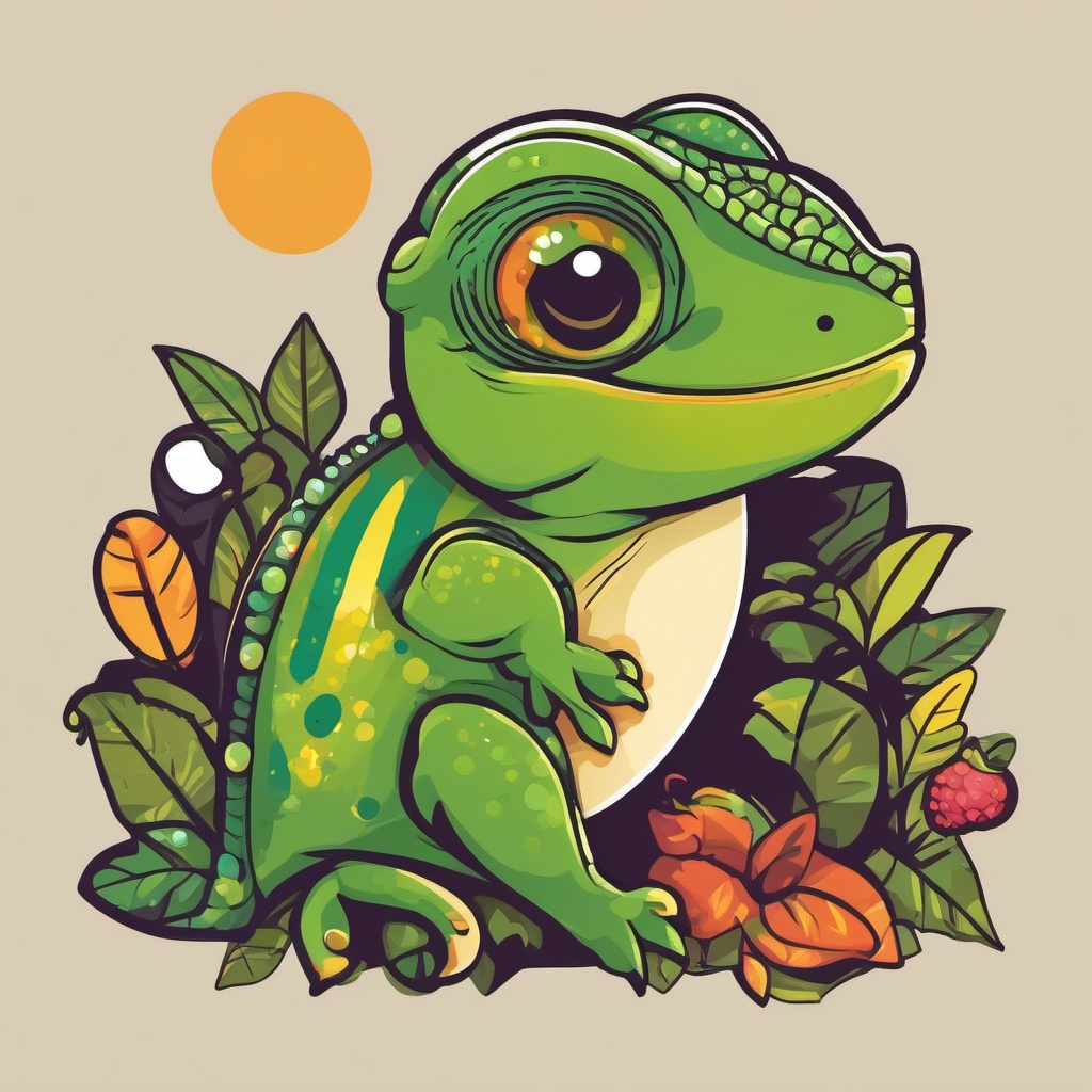 Chuckling Chameleon - Craft a scene with a chameleon telling jokes while camouflaging as various objects. ,t shirt vector design