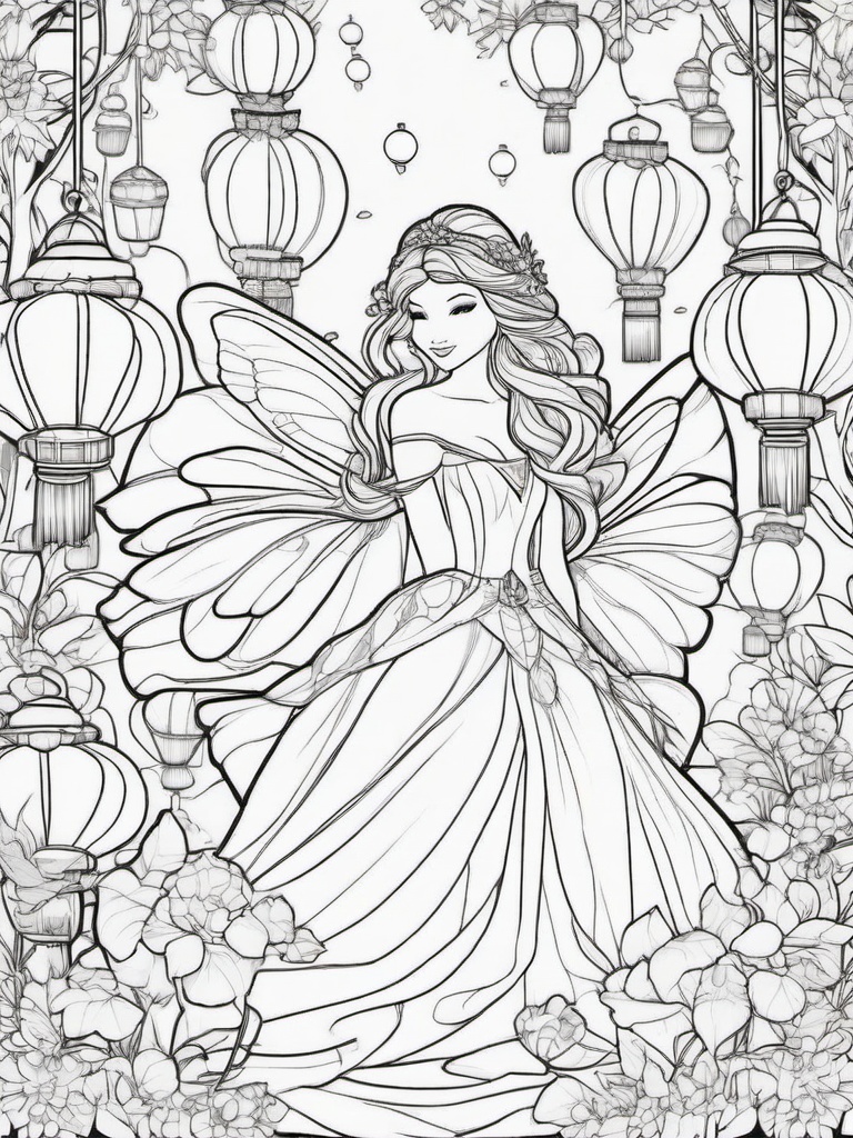 Fairy with Floating Lanterns Coloring Pages - Fairy Surrounded by Glowing Floating Lanterns  minimal black outline printable sheet, coloring page