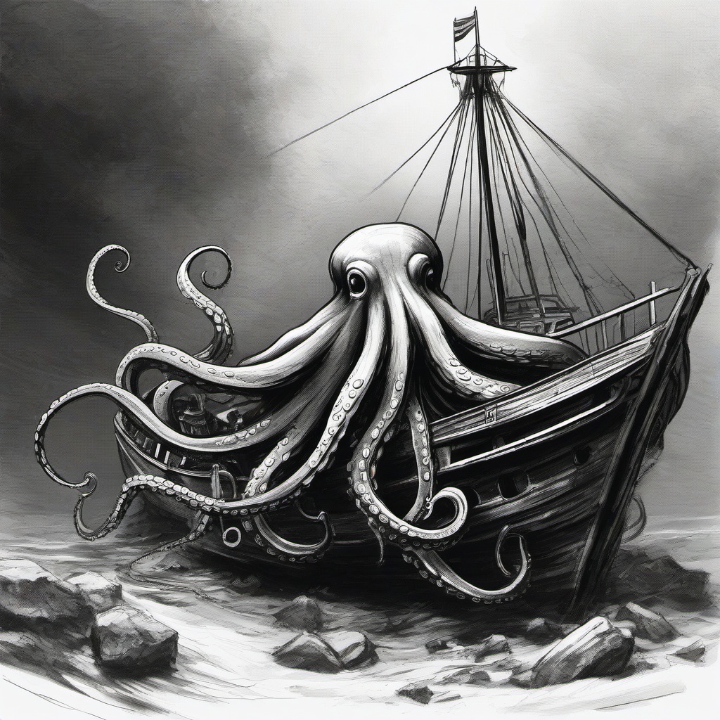 drawing of an octopus in a shipwreck  minimal rough sketch scribbles,doodles,black and white