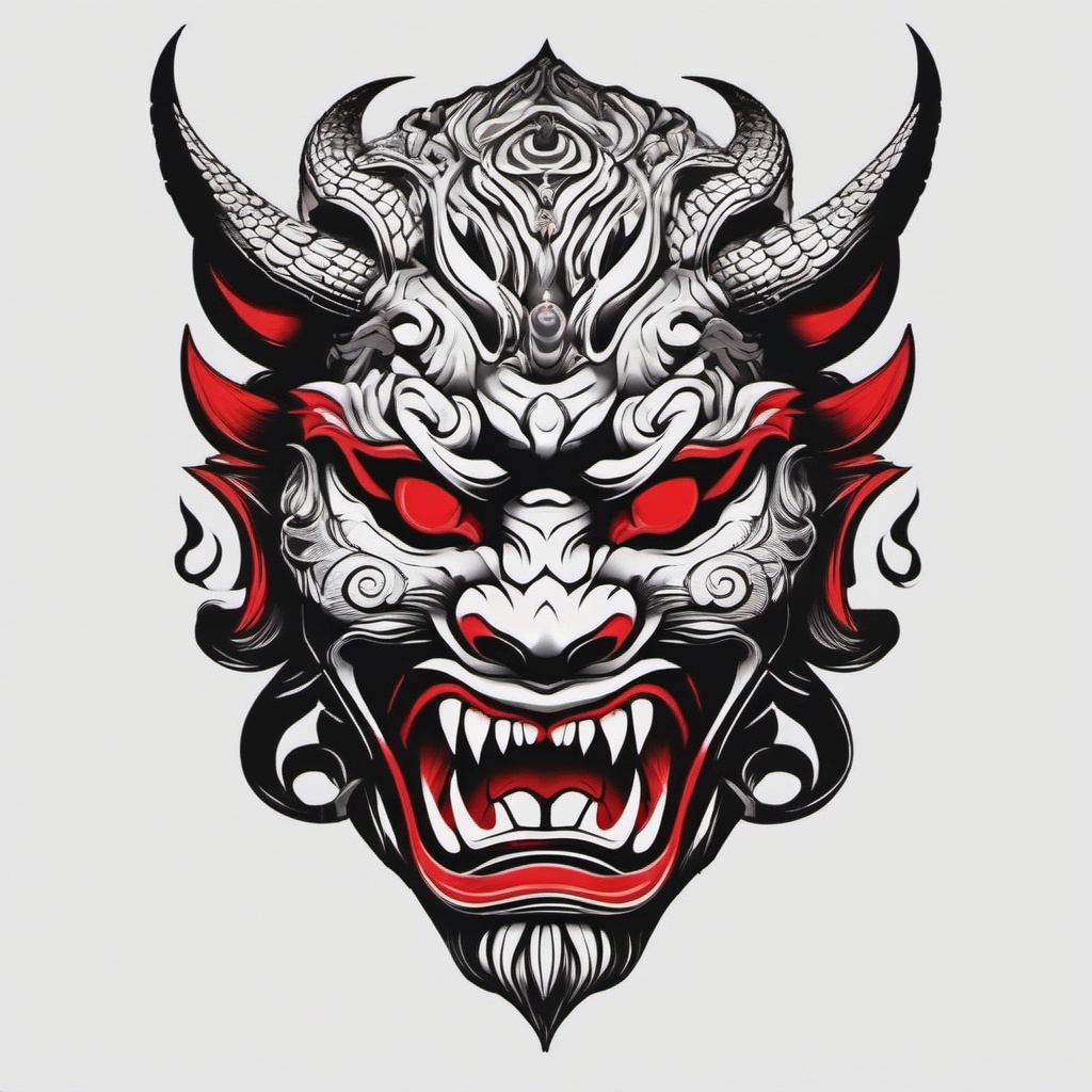 oni mask with snake tattoo  simple color tattoo,white background,minimal