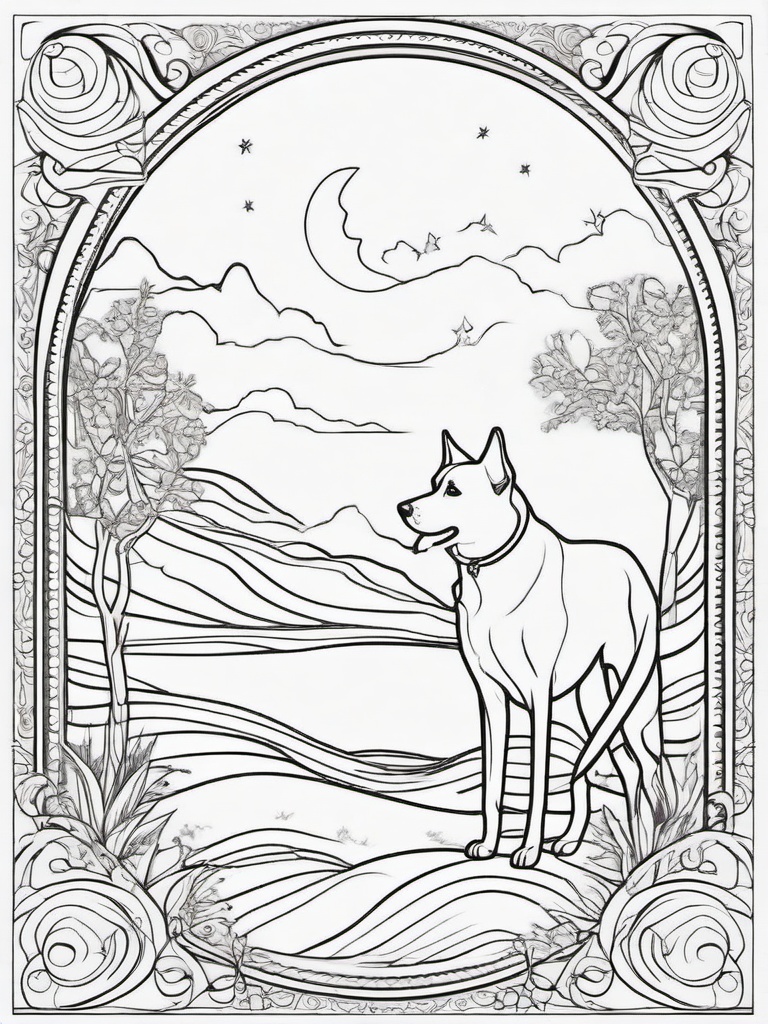 Dog and Moon Coloring Pages - Mystical Scene of a Dog and Moon  minimal black outline printable sheet, coloring page