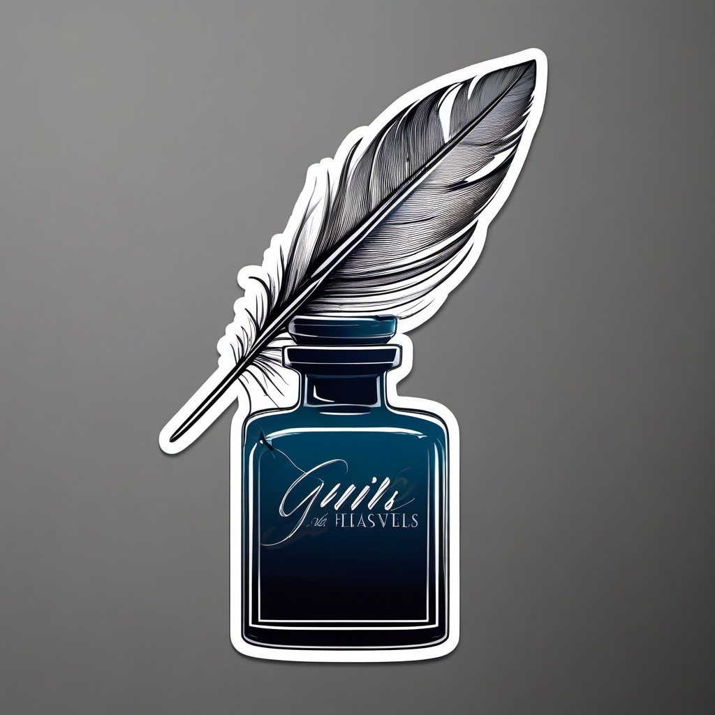 Feather and Ink Bottle Sticker - Quill feather next to an ink bottle, ,vector color sticker art,minimal