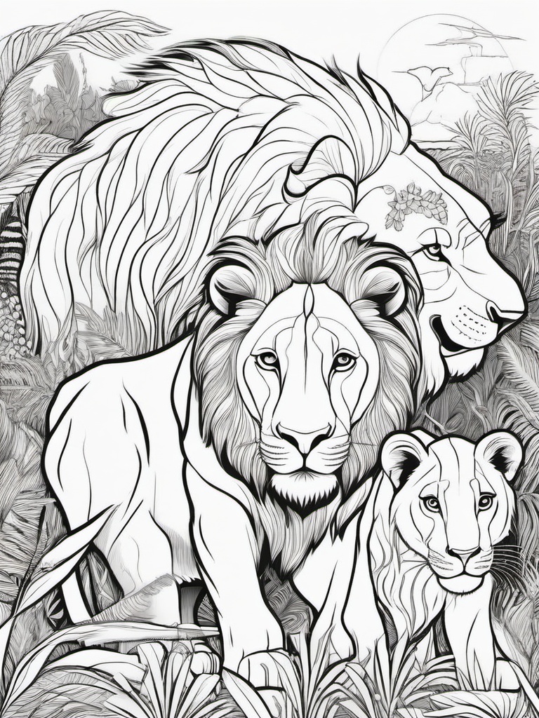 Lion Coloring Pages - Lion in a family portrait with other safari animals  simple coloring pages