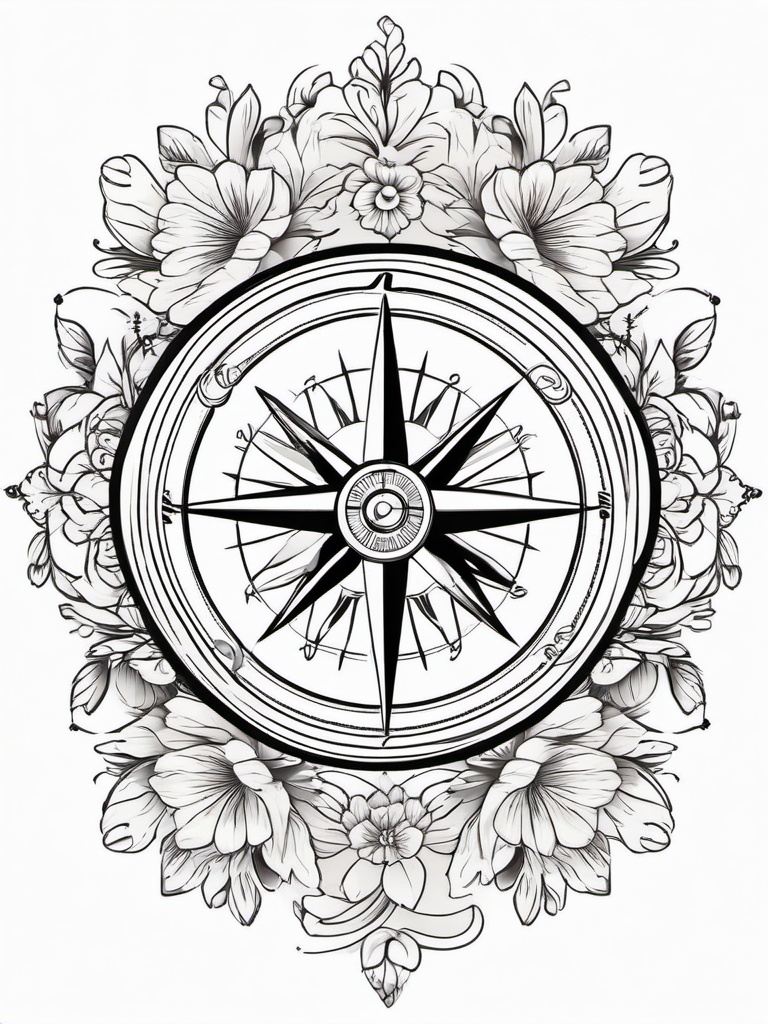 Compass with Flower Tattoo - Compass tattoo adorned with floral elements.  simple vector tattoo,minimalist,white background