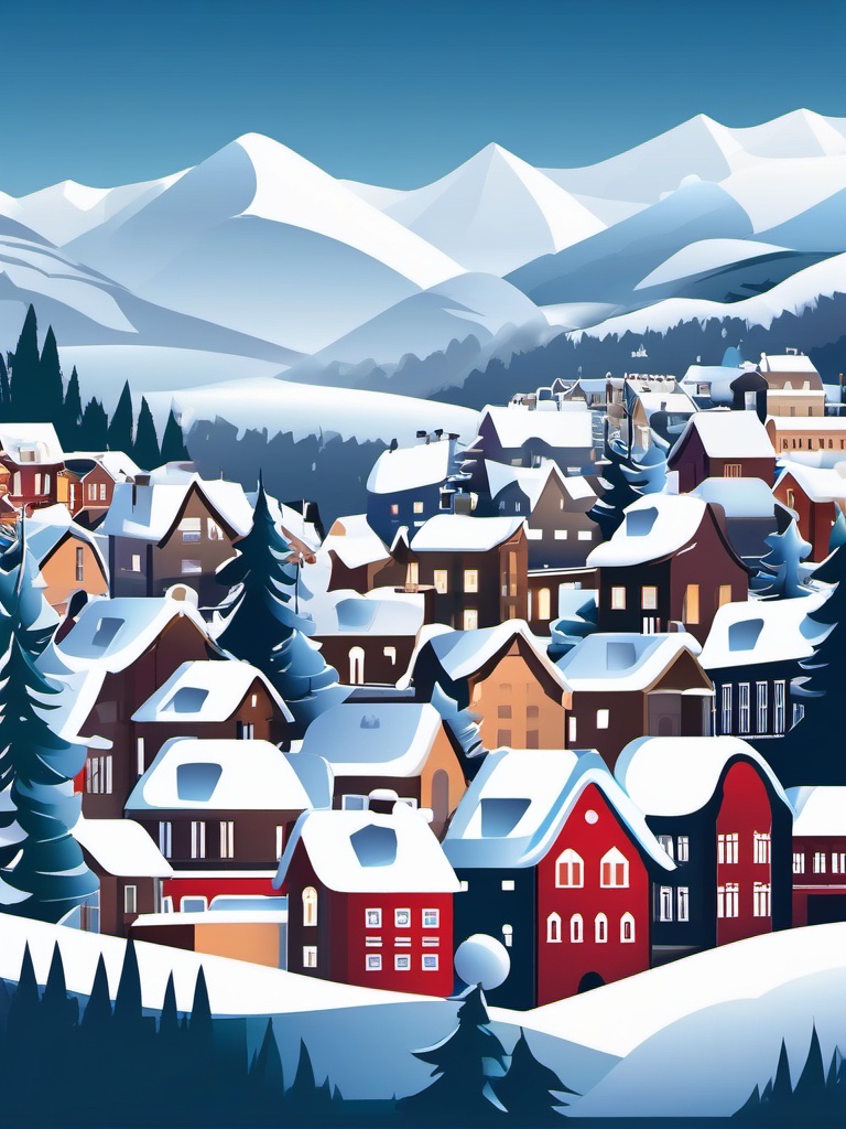 Snow-Covered Town clipart - Snow-covered town in a valley, ,vector color clipart,minimal