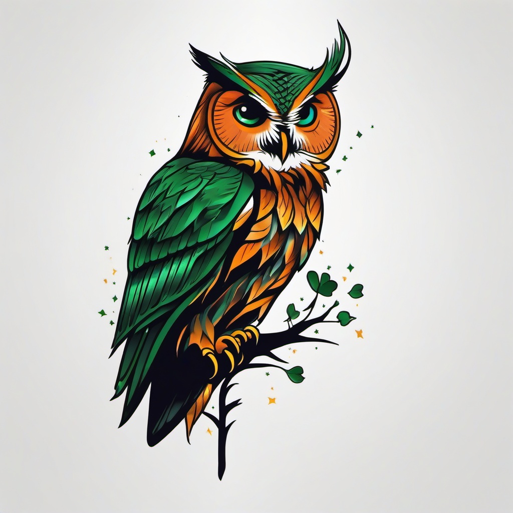 irish owl tattoo  simple color tattoo,minimal,white background