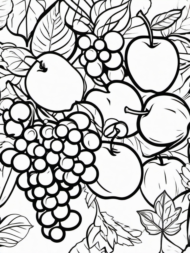 Autumn Fruits Coloring Pages - Delicious Apples, Pears, and Grapes  minimal black outline printable sheet, coloring page