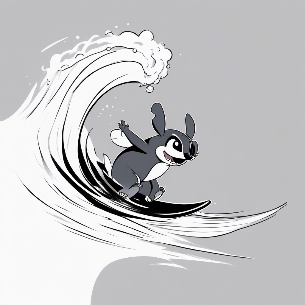 drawing of Stitch surfing on a wave  minimal rough sketch scribbles,doodles,black and white