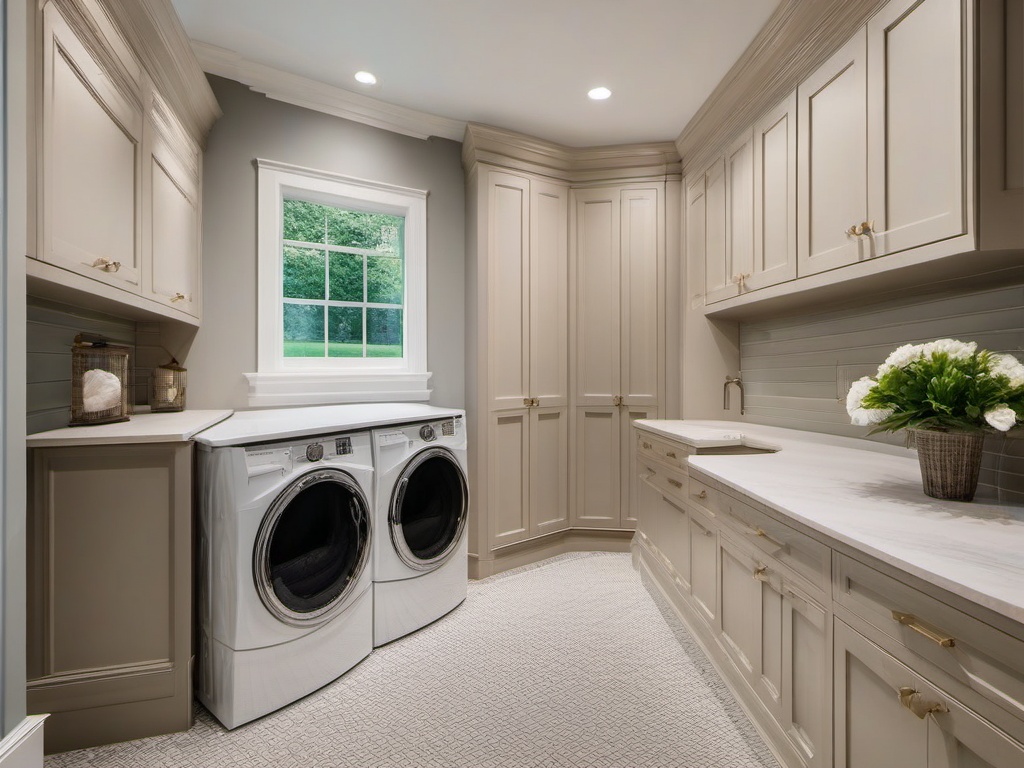 Traditional laundry room showcases classic cabinetry, elegant fixtures, and soft color accents, providing a timeless and sophisticated space for laundry tasks.  