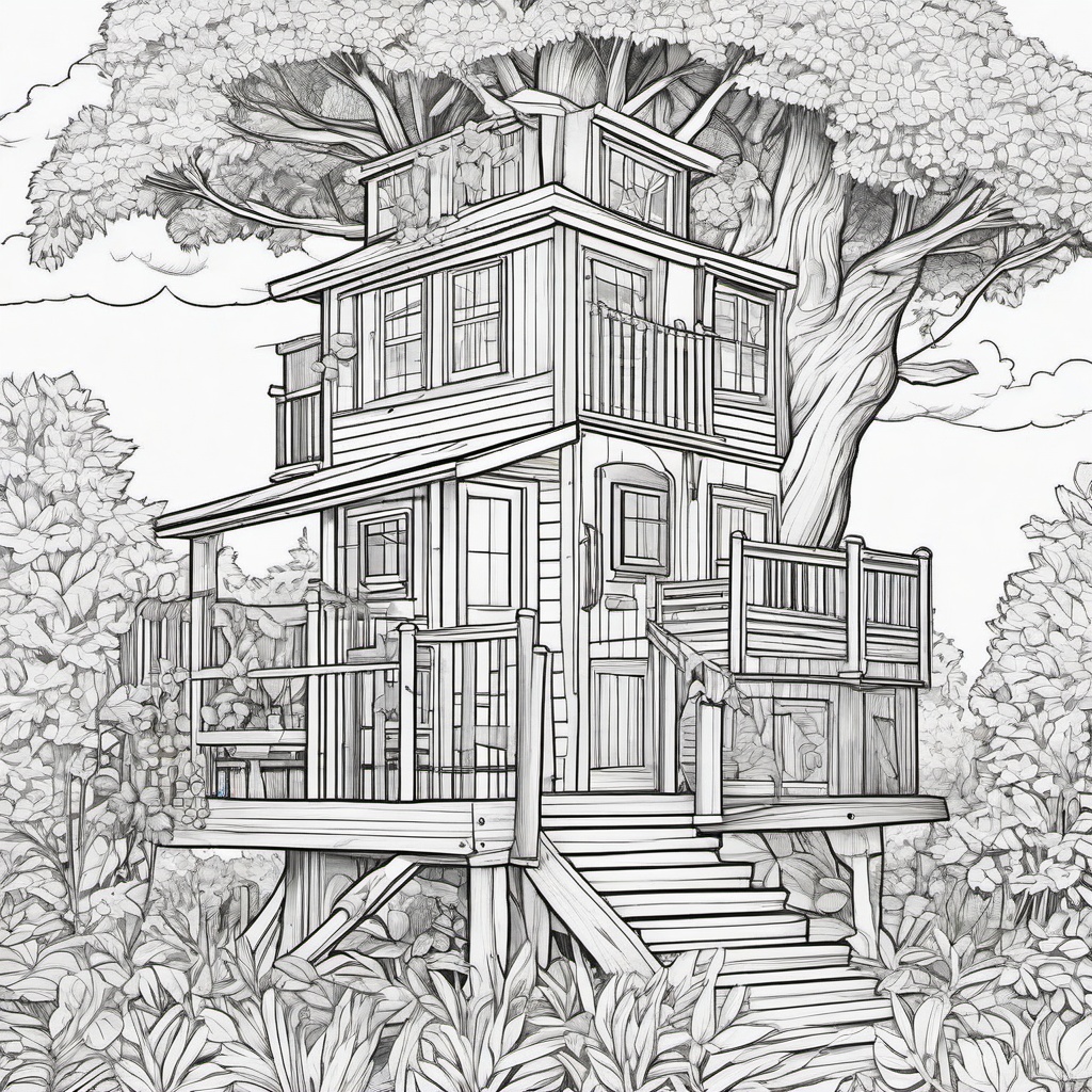 Summer Coloring Pages - Treehouse nestled among leafy branches in a sunny backyard  simple coloring pages