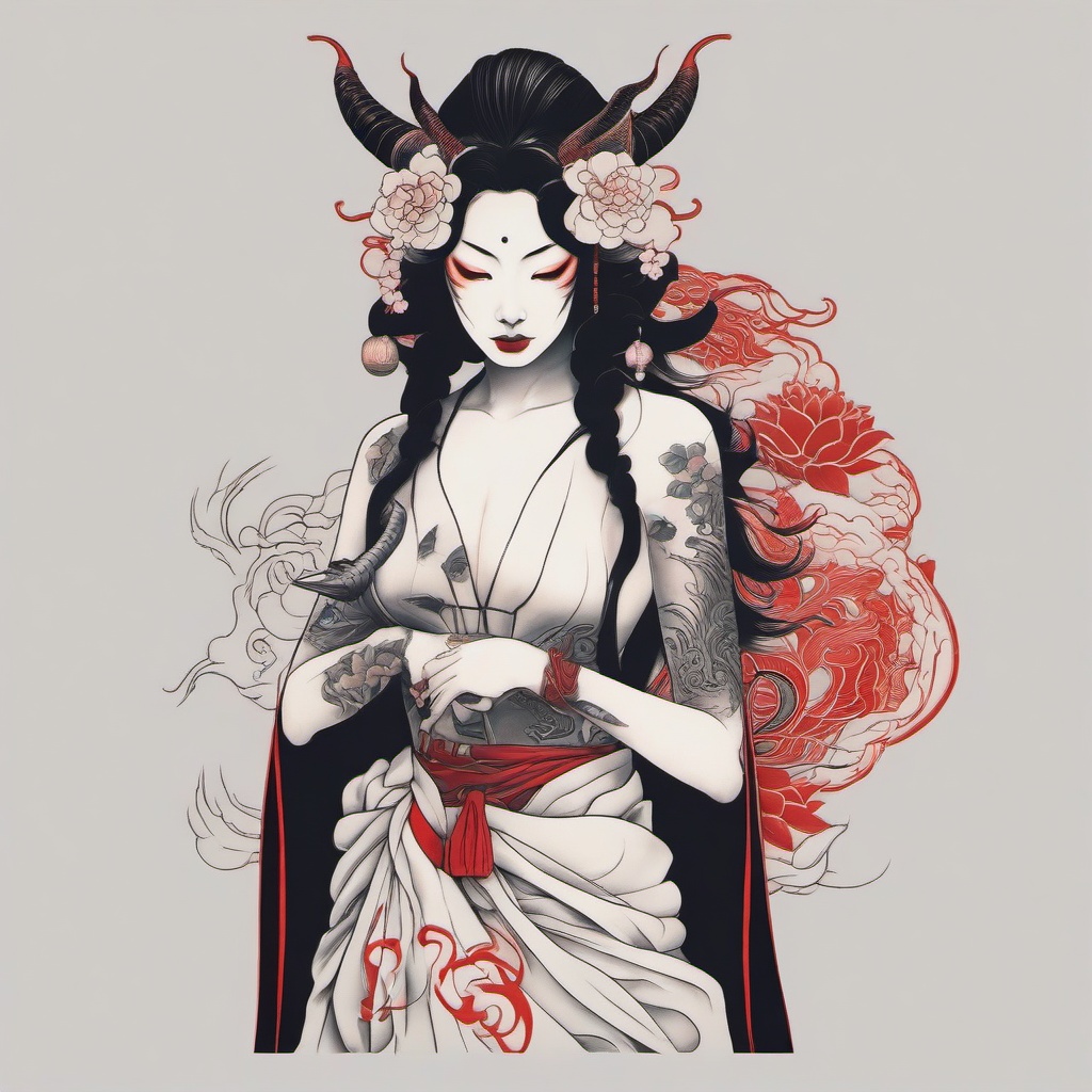 japanese demon woman tattoo  simple color tattoo,white background,minimal