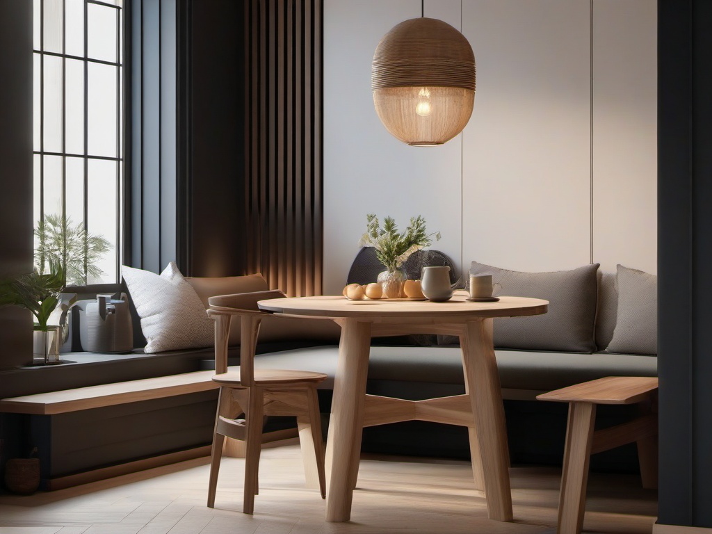 The dining nook features Japandi interior design with a small wooden table, simple seating, and soft lighting that create an intimate and stylish space for meals.  