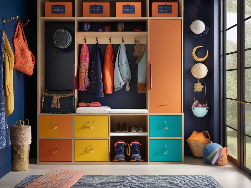 A mudroom designed with cosmic chic interior design includes bold colors, playful decor, and organized storage solutions that reflect a modern celestial theme.  