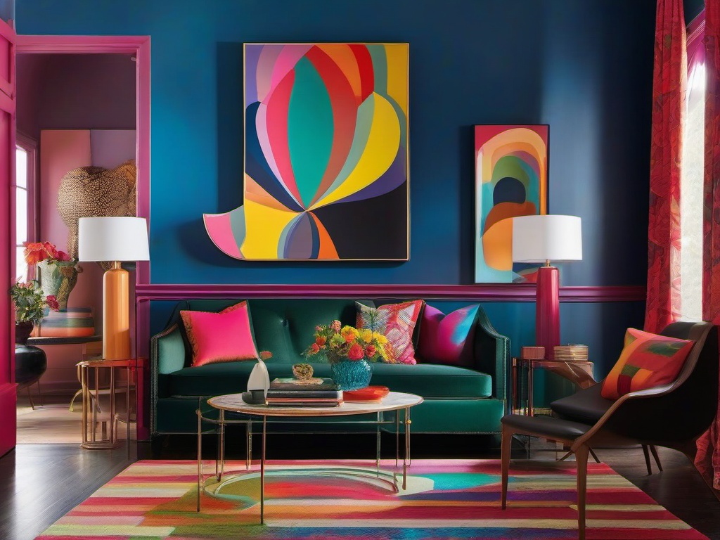 In the entryway, psychedelic interior design showcases bold colors, playful decor, and eye-catching art that provide a cheerful welcome to guests.  