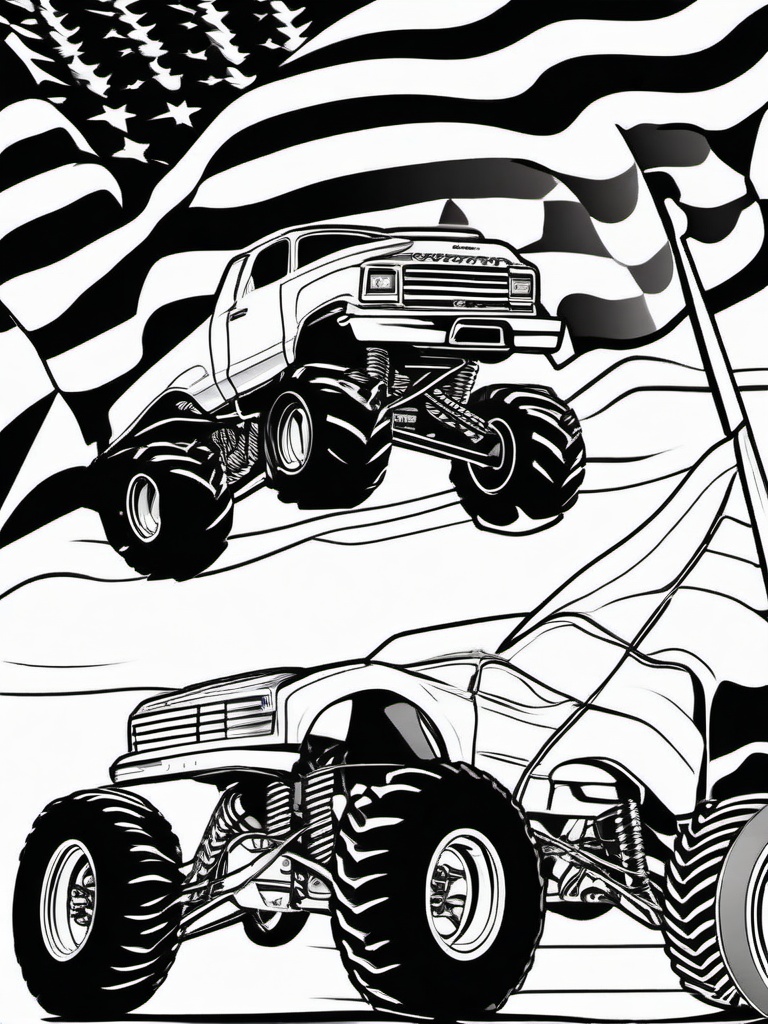 Monster Truck with Racing Flag Coloring Pages - Trucks Charging Toward Finish Line  minimal black outline printable sheet, coloring page