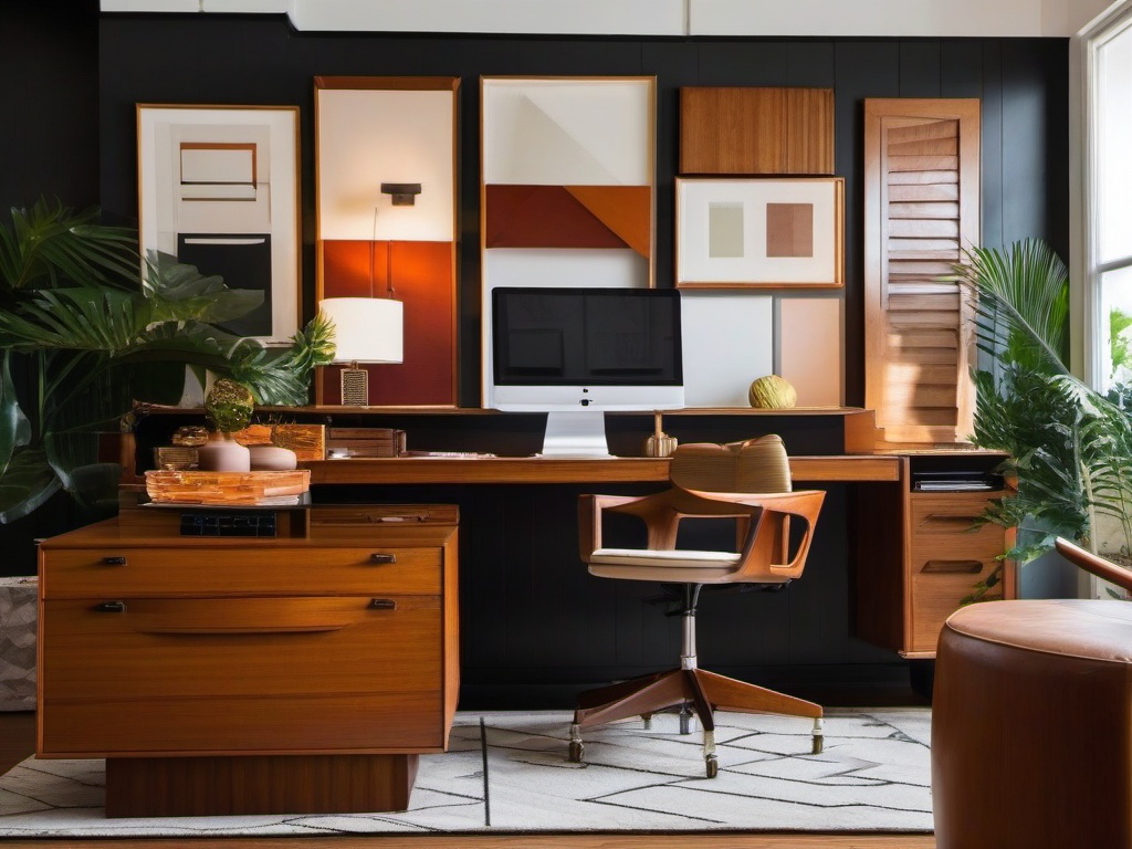 Mid-century modern office with teak furniture and geometric decor.  