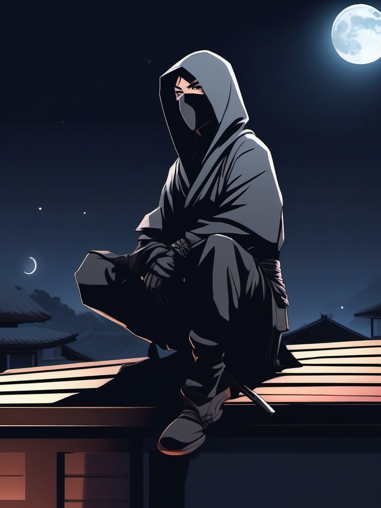 Stealthy ninja character, clad in shadowy attire, silently perched on a rooftop in a moonlit village, ready for a secret mission.  front facing ,centered portrait shot, cute anime color style, pfp, full face visible