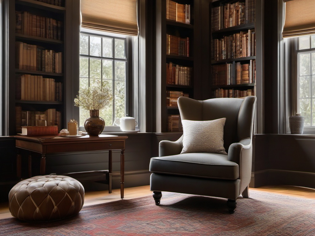 In the reading nook, traditional interior design highlights a cozy armchair, classic decor, and warm accents that create a perfect space for enjoying books and reflection.  