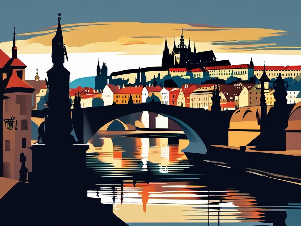 Prague clipart - Charles Bridge and Prague Castle in Czech Republic,  color vector clipart