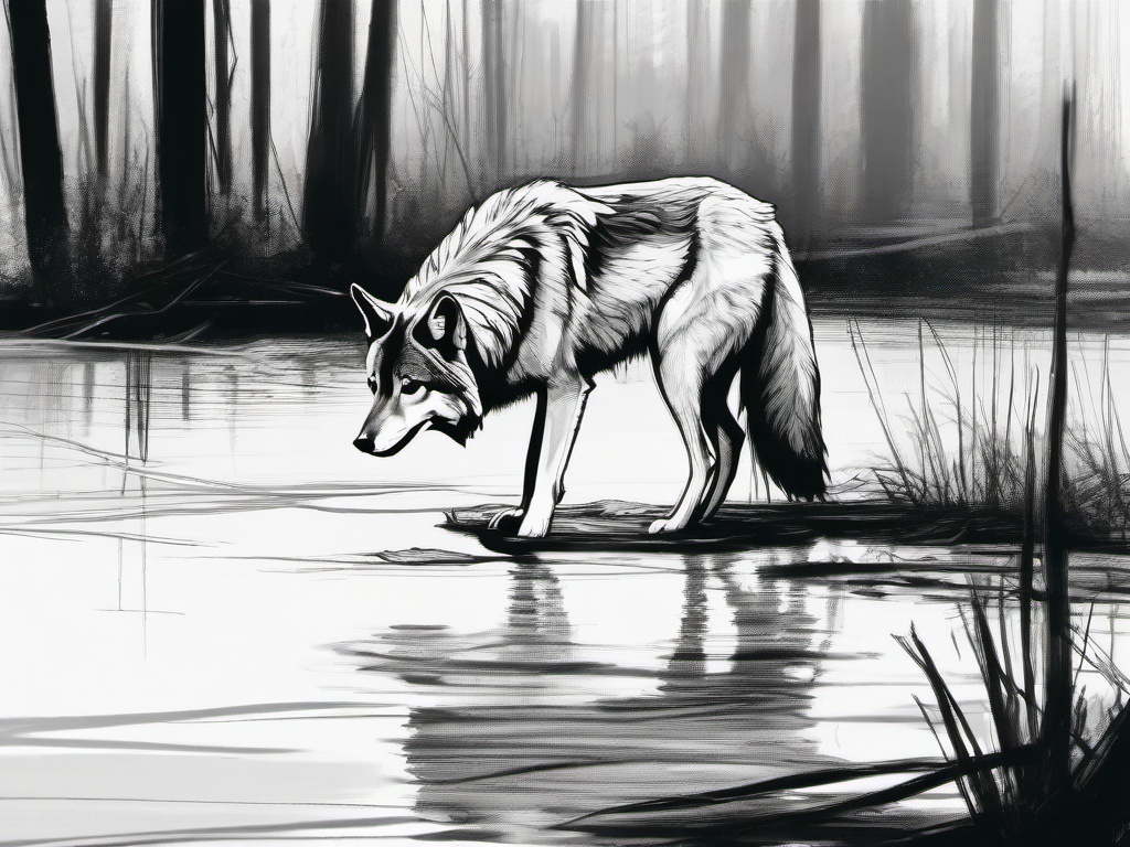 drawing of a wolf in swamp  minimal rough sketch scribbles,doodles,black and white