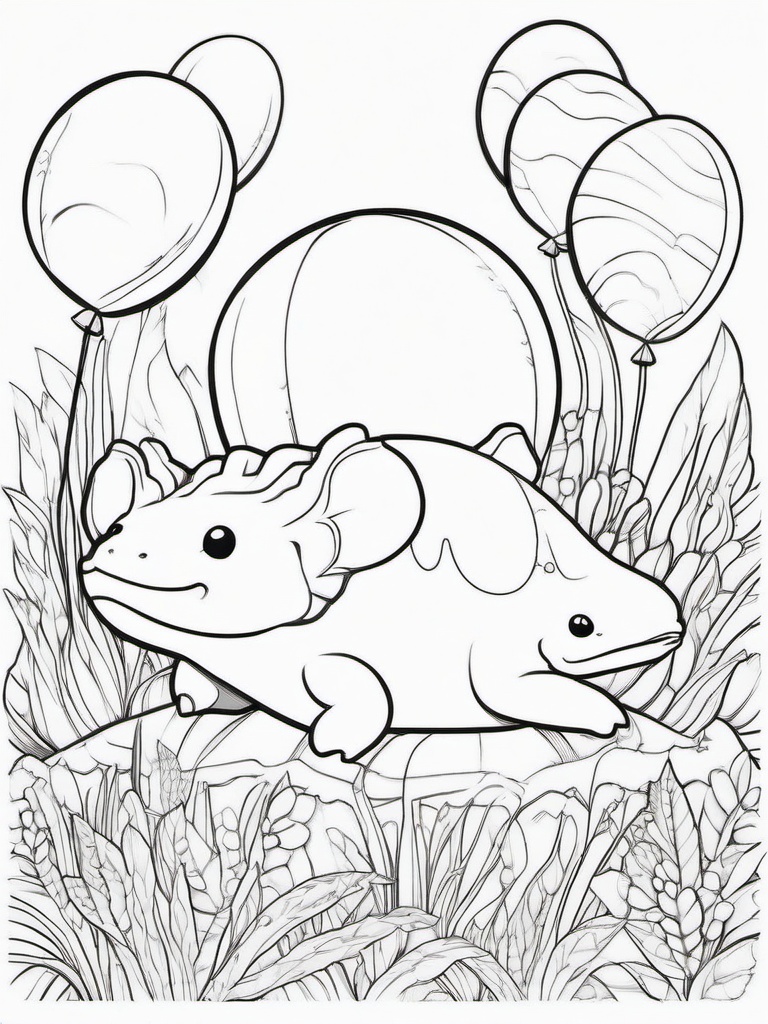 Axolotl Coloring Pages - Axolotl with a big smile holding a balloon  simple coloring pages