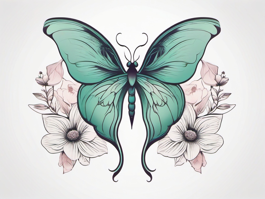 Luna Moth Flower Tattoo - Combine the elegance of a Luna moth with floral elements in a tattoo design that radiates natural beauty.  simple vector color tattoo, minimal, white background