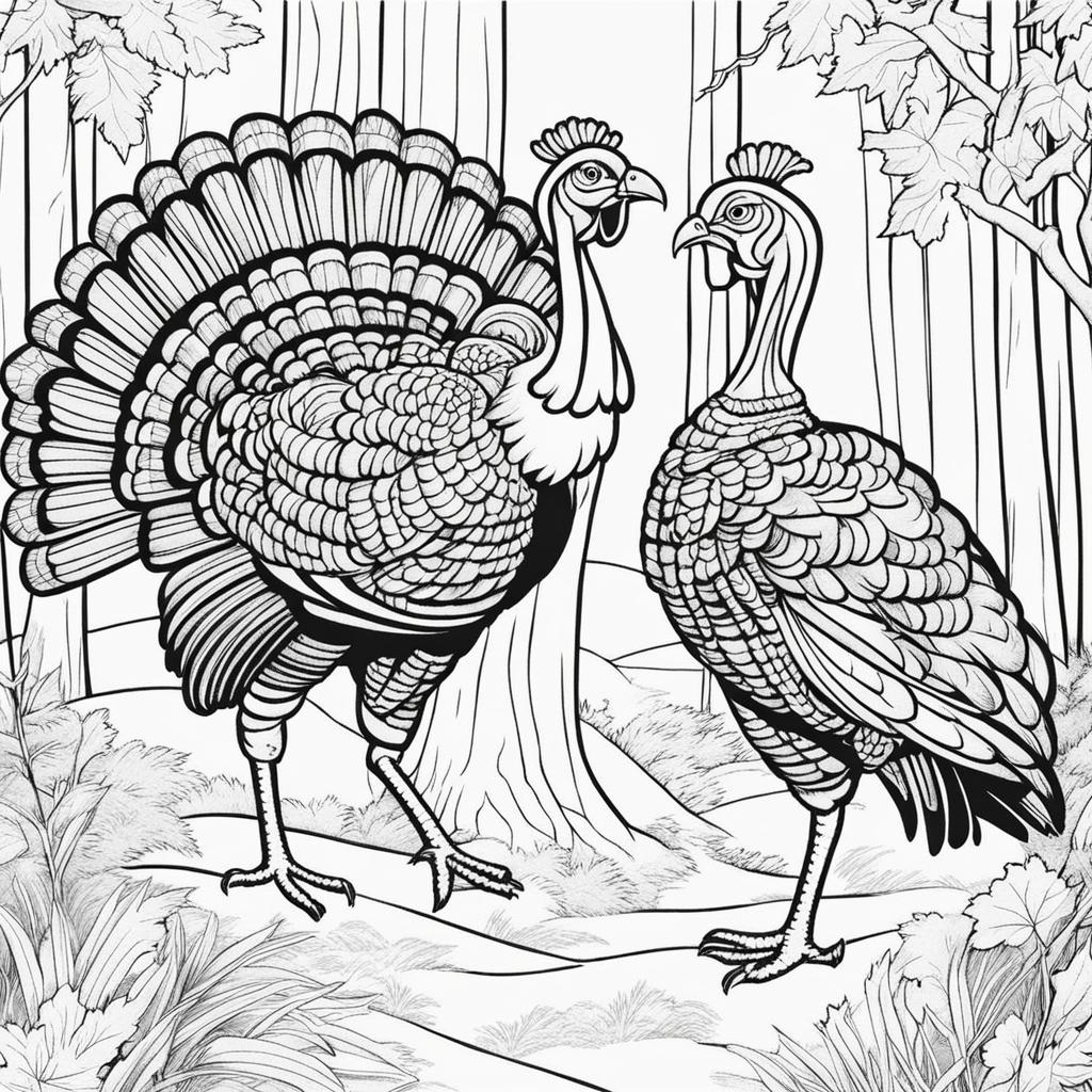 turkey coloring pages - turkeys strut and gobble in a lively forest. 