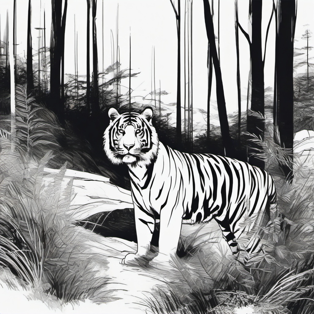 drawing of a tiger in the forest  minimal rough sketch scribbles,doodles,black and white