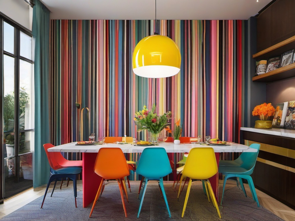 The dining nook features Pop Art interior design with a colorful table, playful chairs, and eclectic decor that create an intimate and vibrant space for meals.  