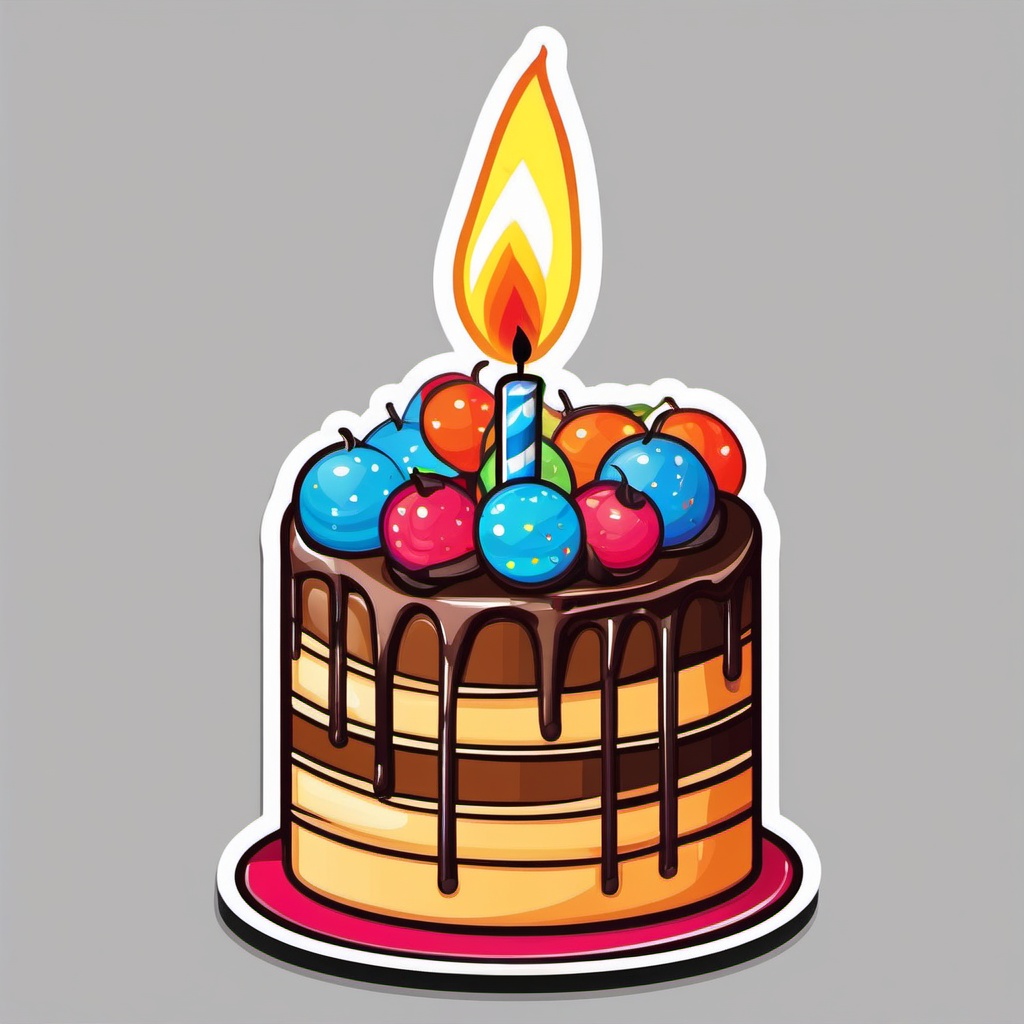 Cake with Candle Sticker - Cake adorned with a lit birthday candle, ,vector color sticker art,minimal