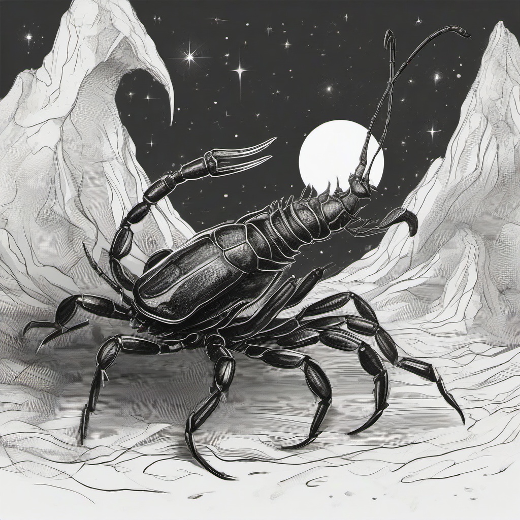 drawing of a scorpion in a mystical scene  minimal rough sketch scribbles,doodles,black and white