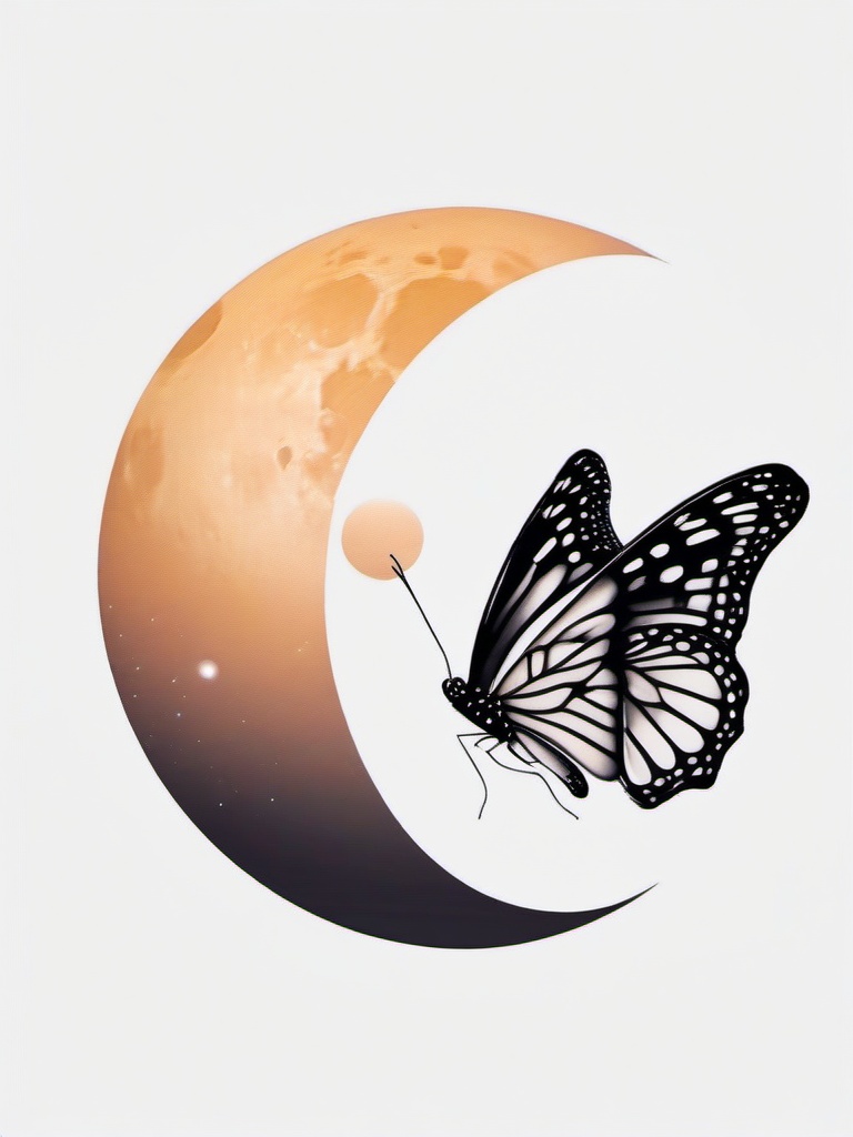 moon and butterfly tattoo  simple color tattoo, minimal, white background