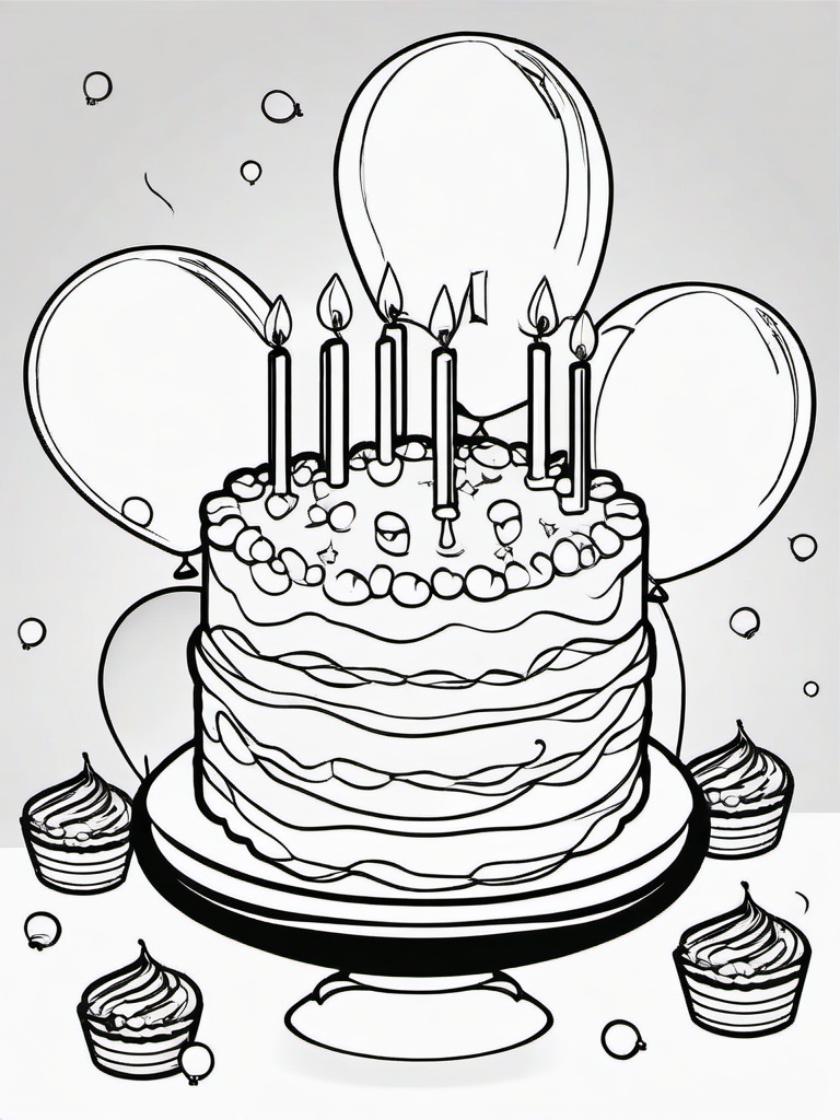 Birthday Cake with Balloons Coloring Pages - Delicious Cake Surrounded by Balloons  minimal black outline printable sheet, coloring page