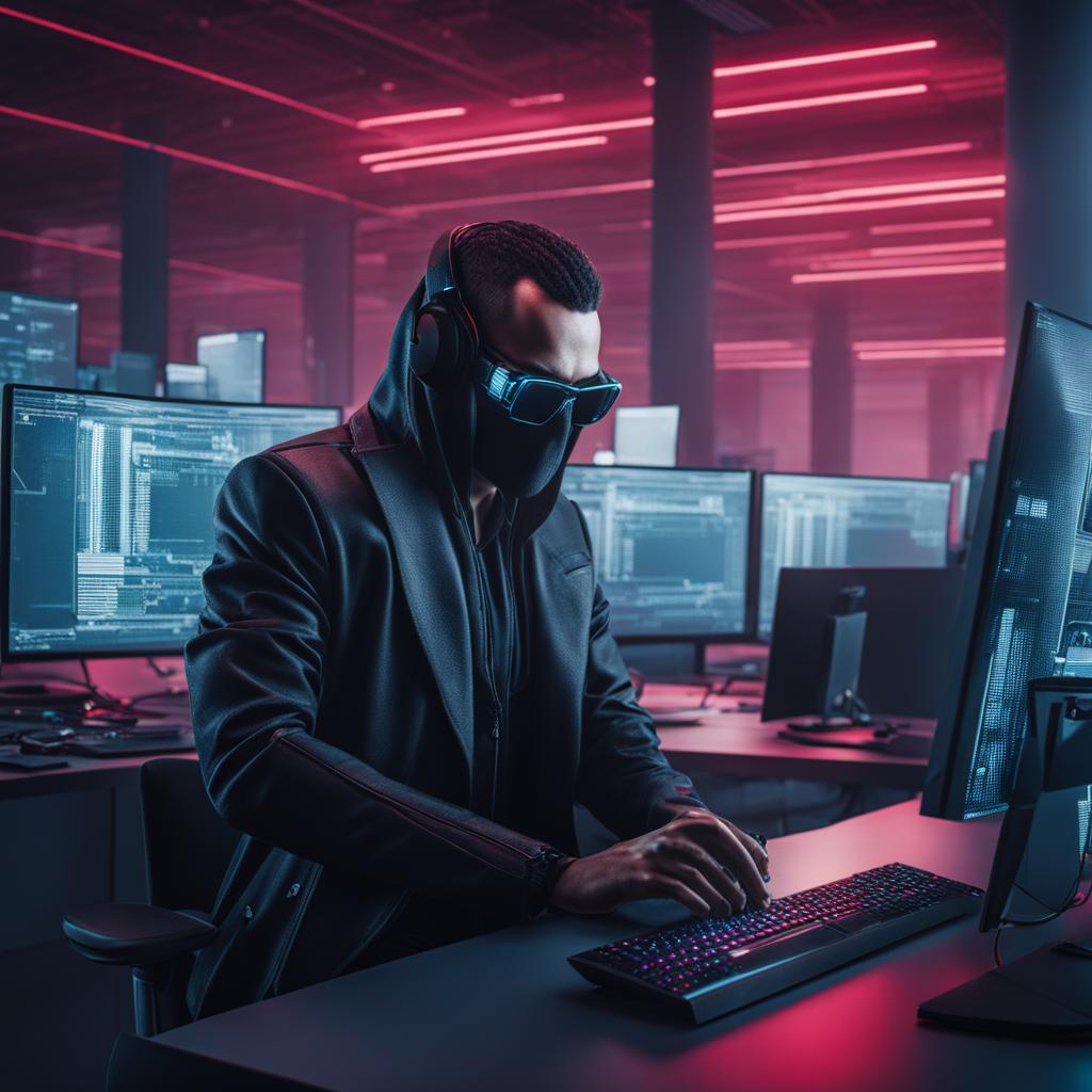 sleek cyberpunk hacker infiltrating a high-tech corporate facility. 