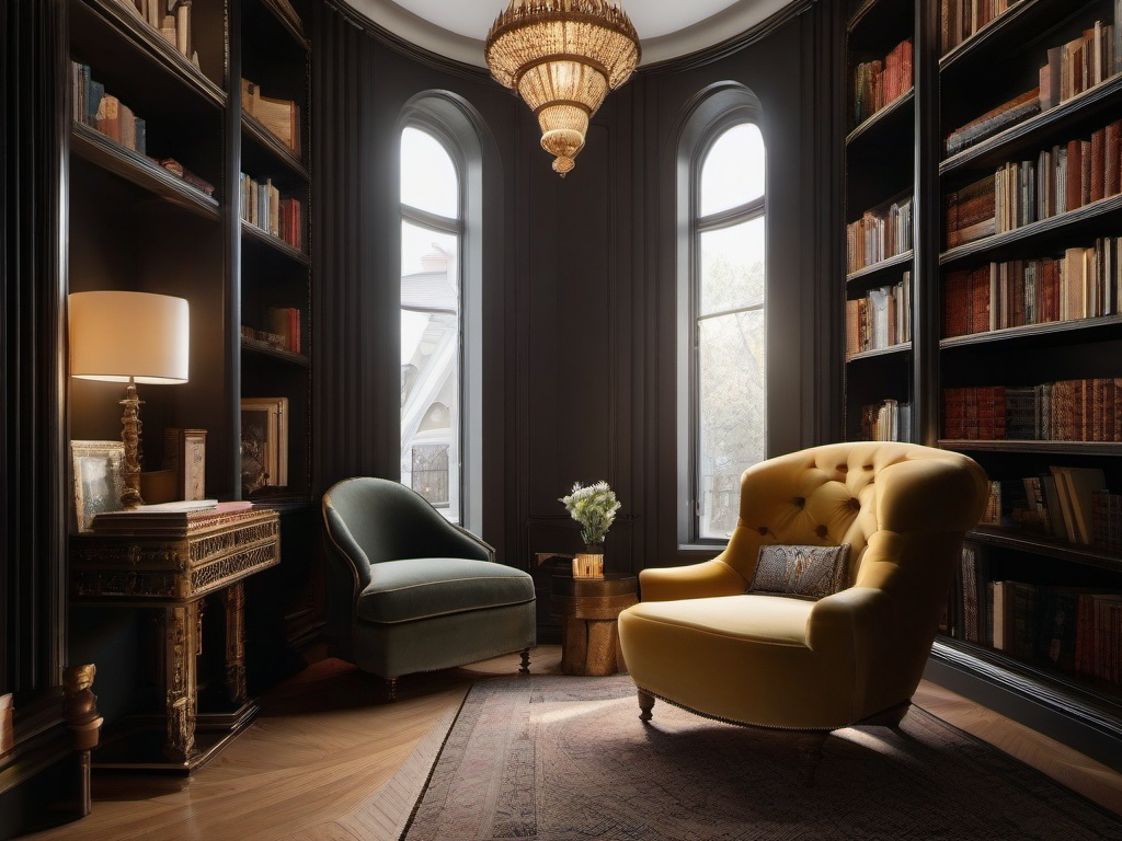 In the reading nook, Russian Revival interior design highlights a plush chair, ornate decor, and tasteful lighting that create a perfect space for enjoying books and reflection.  