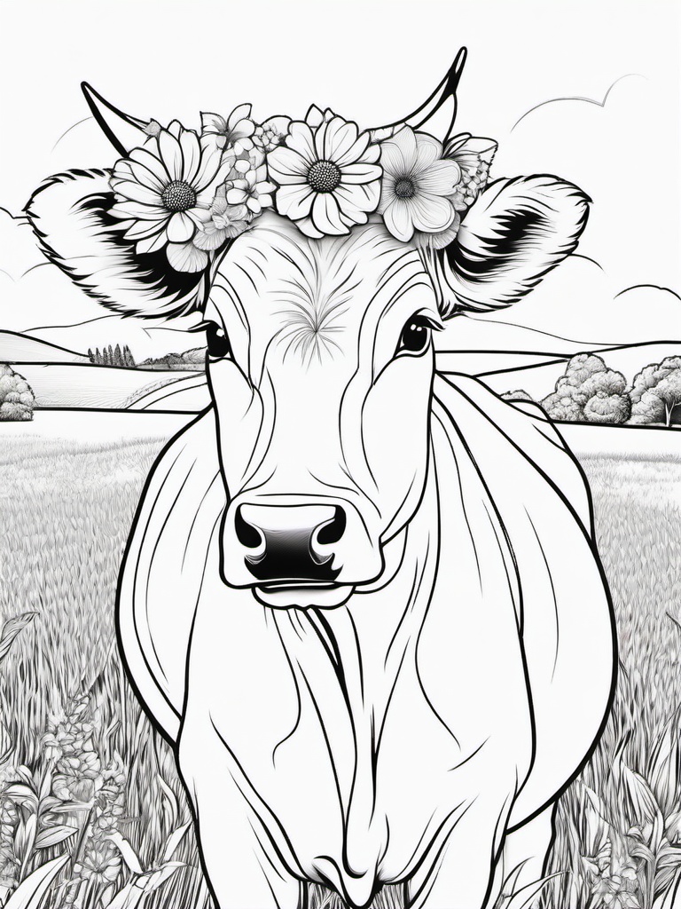 Cow Coloring Pages - Cow wearing a flower crown in a sunny field  simple coloring pages