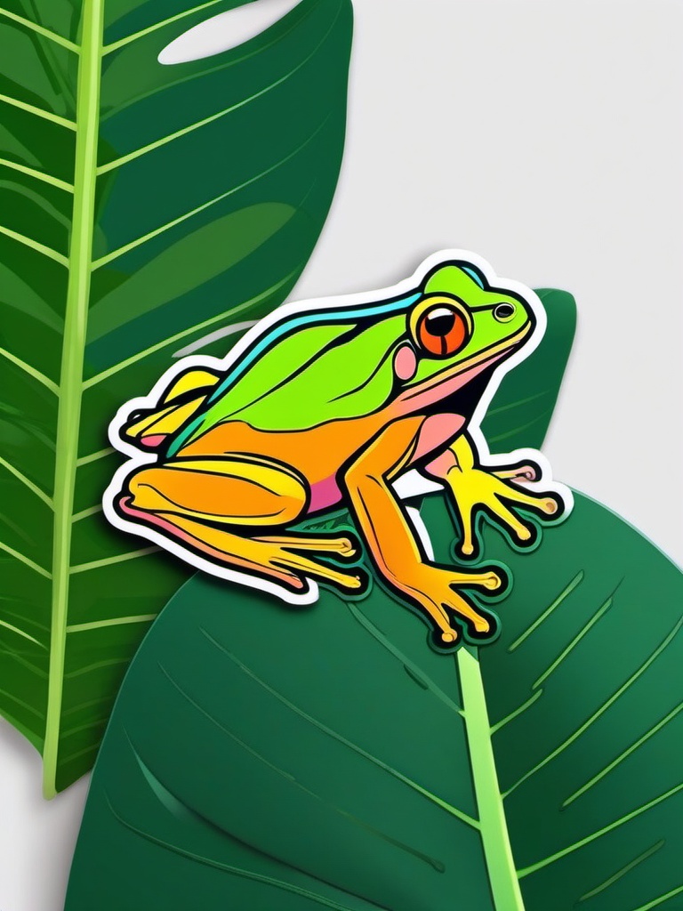 Jungle Frog Sticker - A vibrant jungle frog perched on a leaf. ,vector color sticker art,minimal