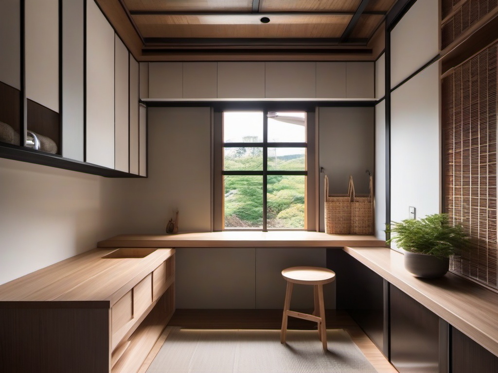 Japanese laundry room showcases clean lines, natural materials, and a compact layout, promoting a serene and harmonious environment for chores.  