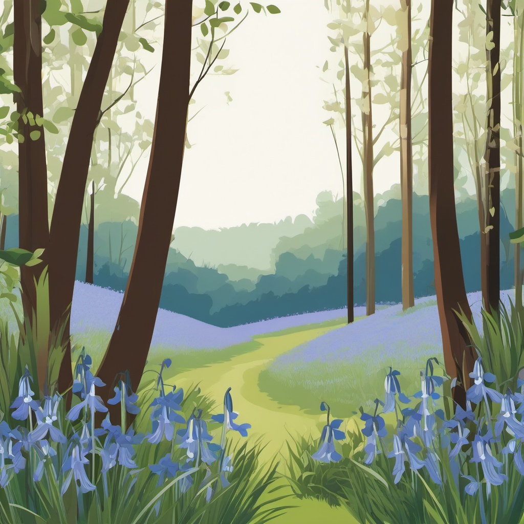 Bluebell Clip Art - Delicate bluebells in a picturesque woodland setting,  color vector clipart, minimal style