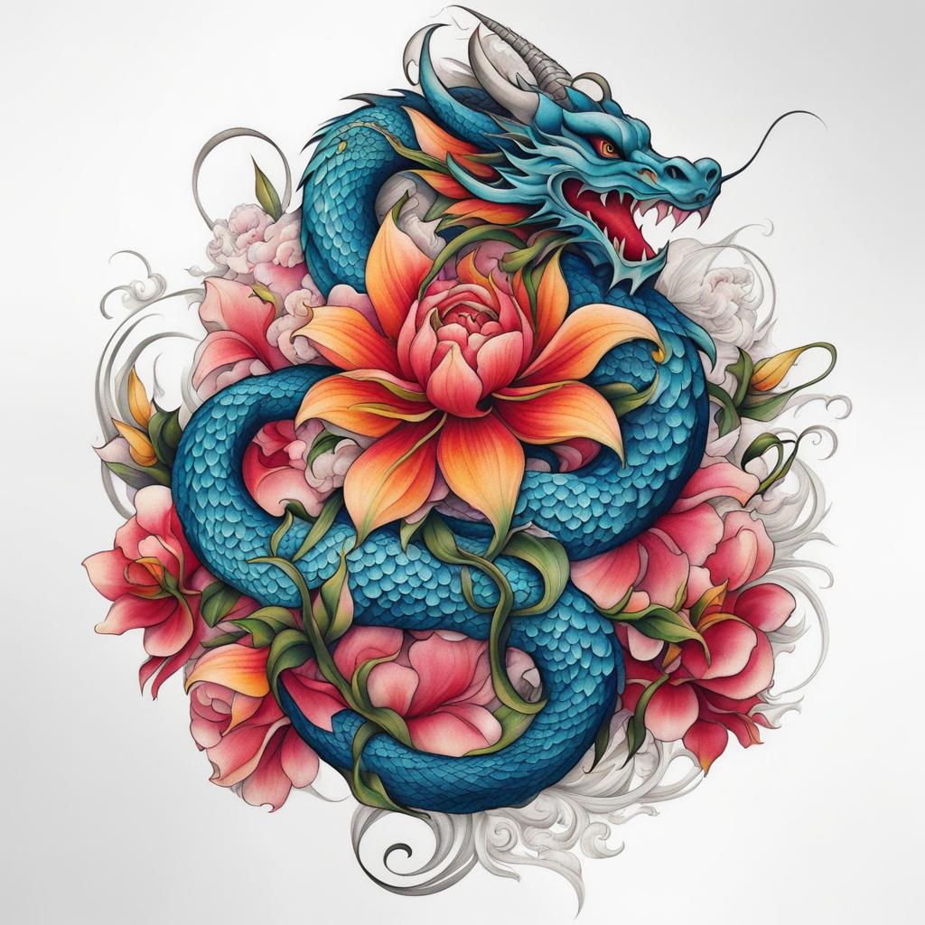 Flower dragon tattoo, Creative tattoos that combine the beauty of flowers with dragon imagery.  vivid colors, white background, tattoo design