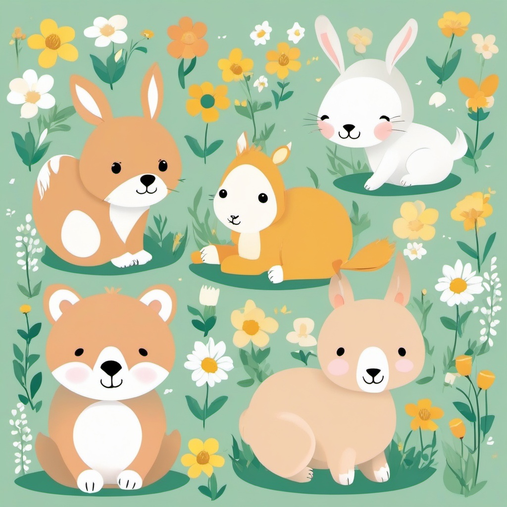 Baby Animals in the Meadow clipart - Springtime baby animals, ,vector color clipart,minimal